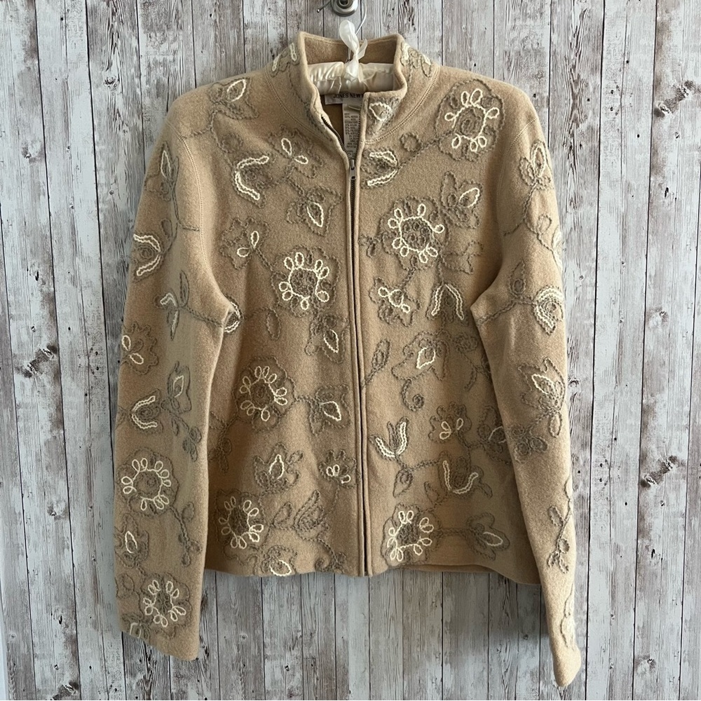 Jones New York Vintage Merino Wool Tan Embroidered Zip Up Cardigan Medium